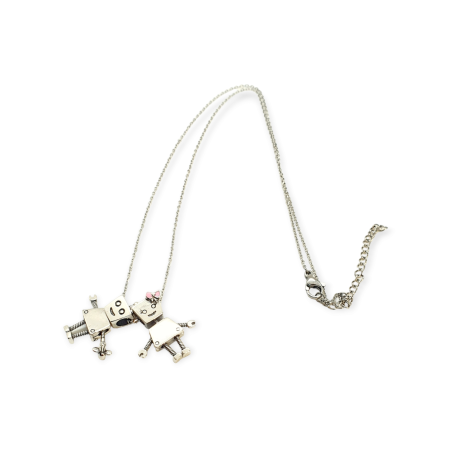 necklace silver with robots in love1
